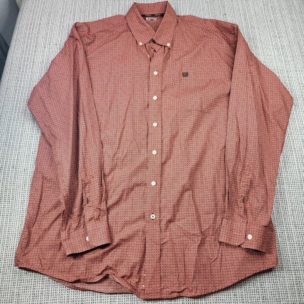 Cinch Shirt Mens XL Orange Geometric Long Sleeve‎ Button Front Western Casual